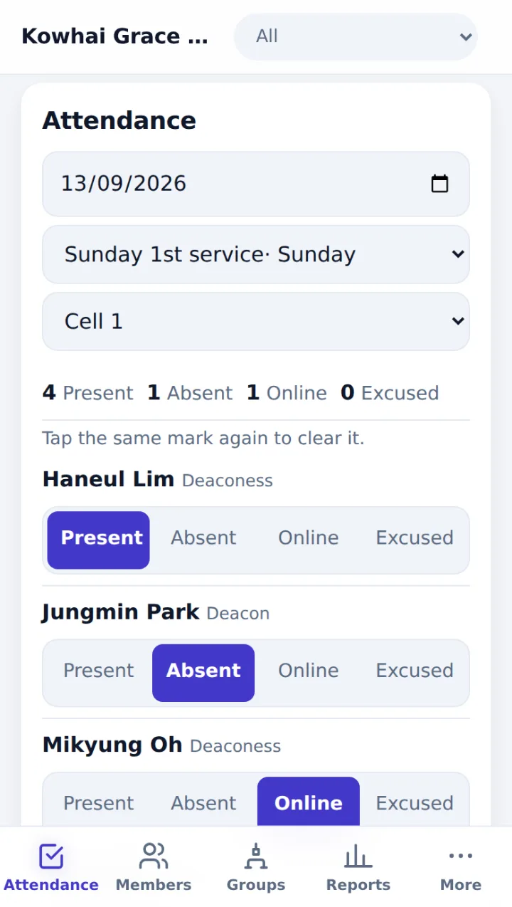 Attendance screen with Present, Absent, Online and Excused for each member