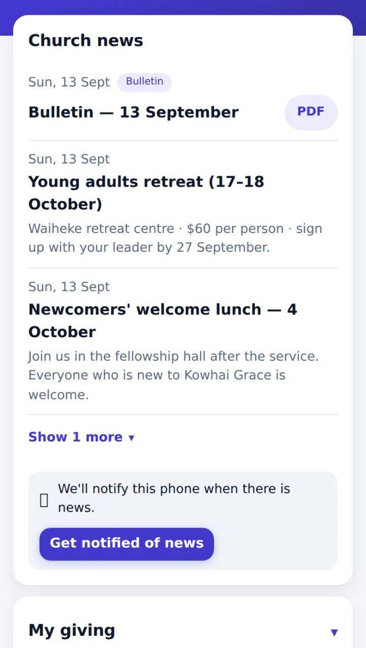 Church news with a bulletin PDF button and a notification button