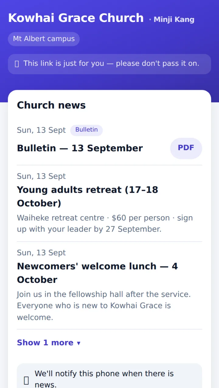 Member page with church news