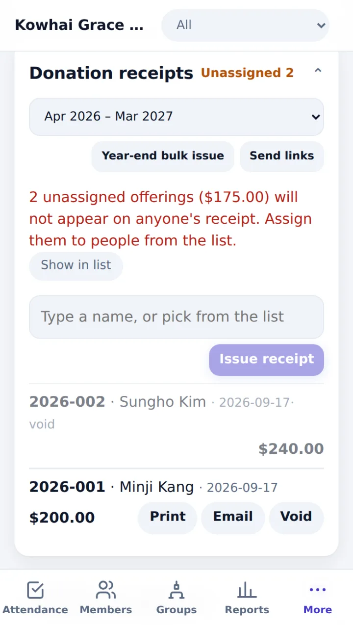 Donation receipts for the tax year