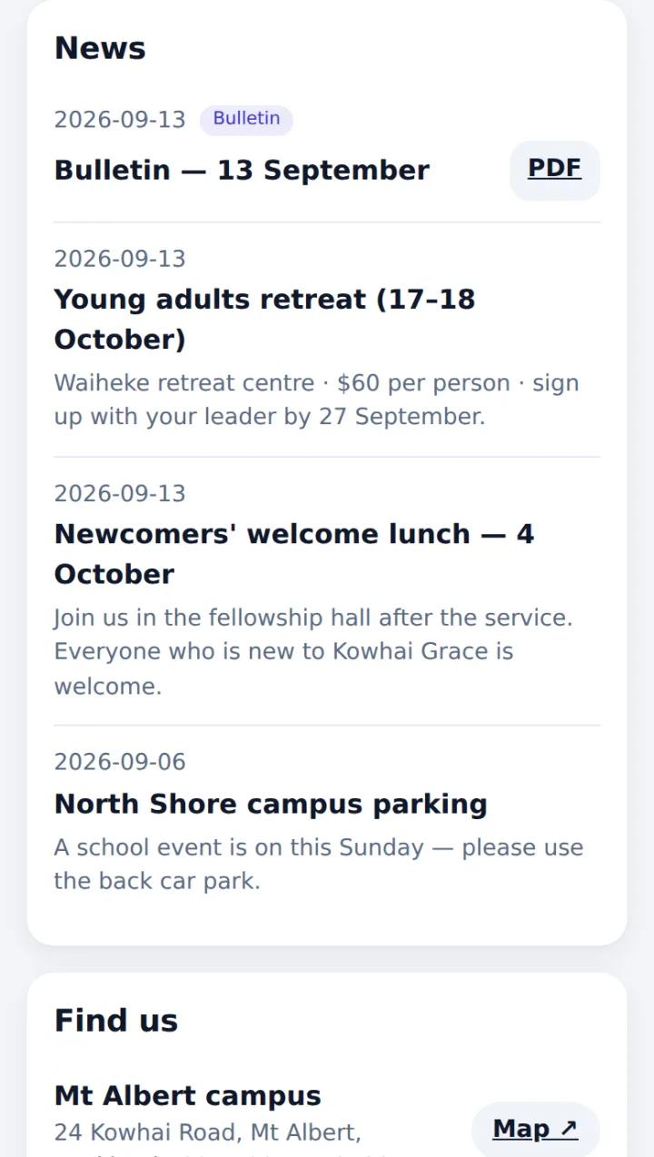 Church news with a bulletin PDF button
