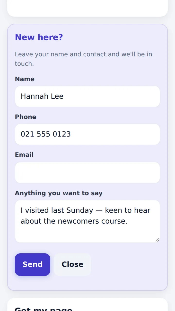 Register a visit form with name, phone and message
