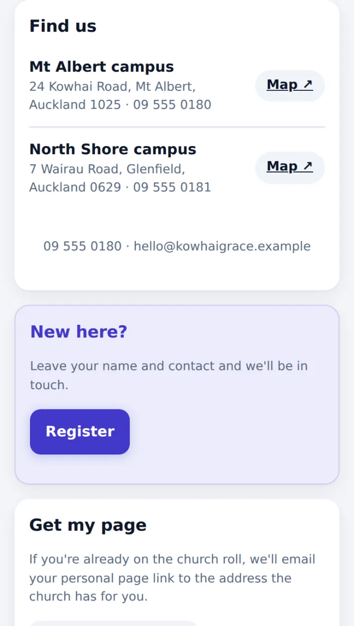 Campus addresses with map buttons