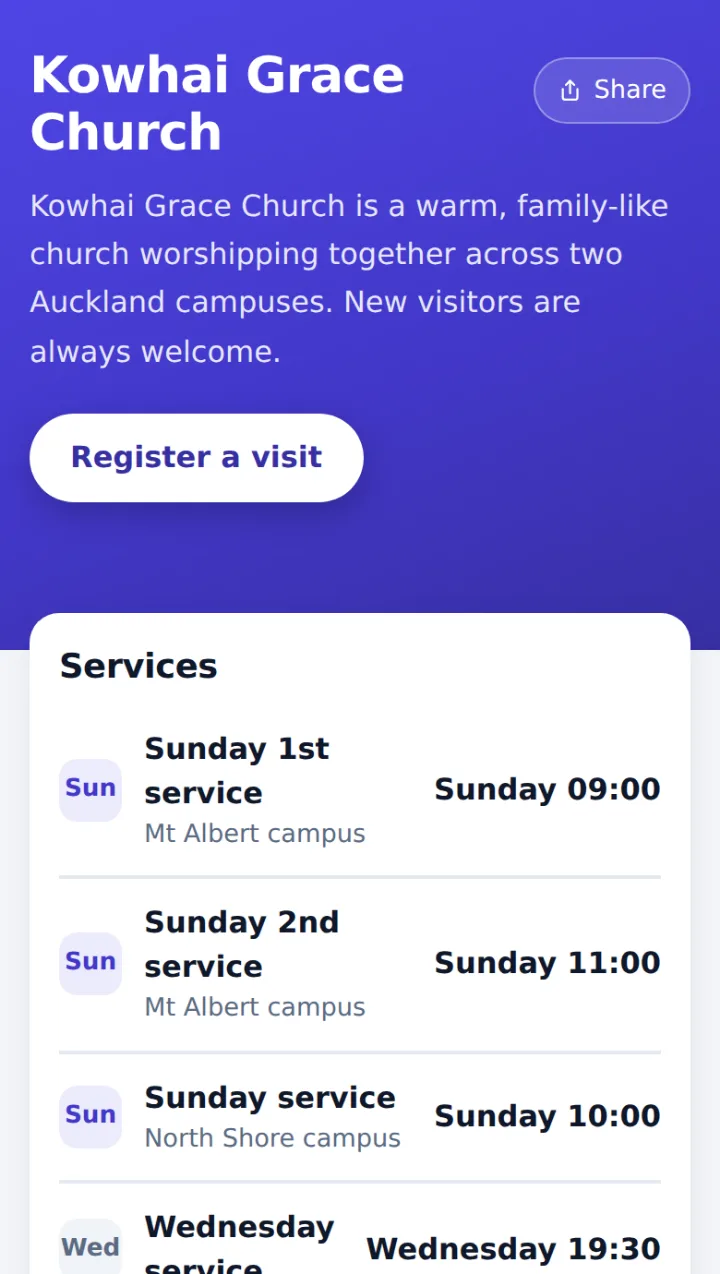 Church website front page with the church name, introduction, register button and service times