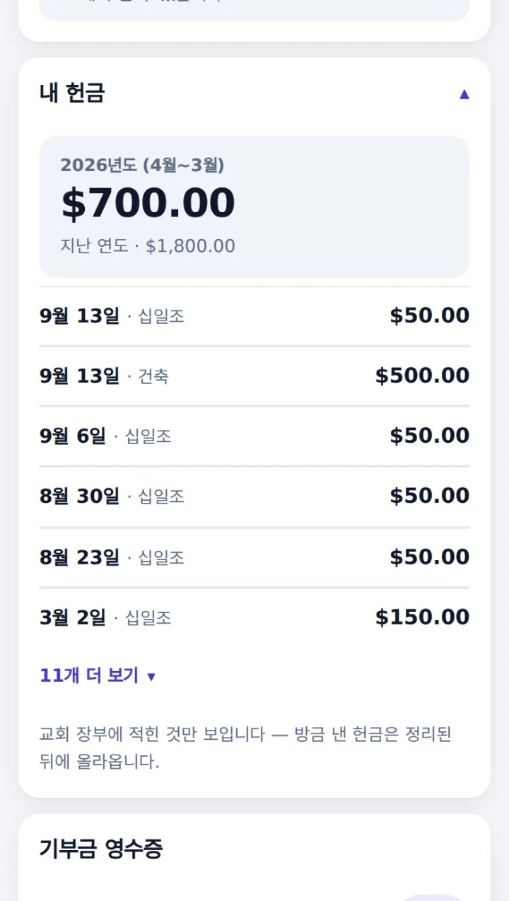올해 헌금 합계와 날짜 · 항목별 헌금 내역